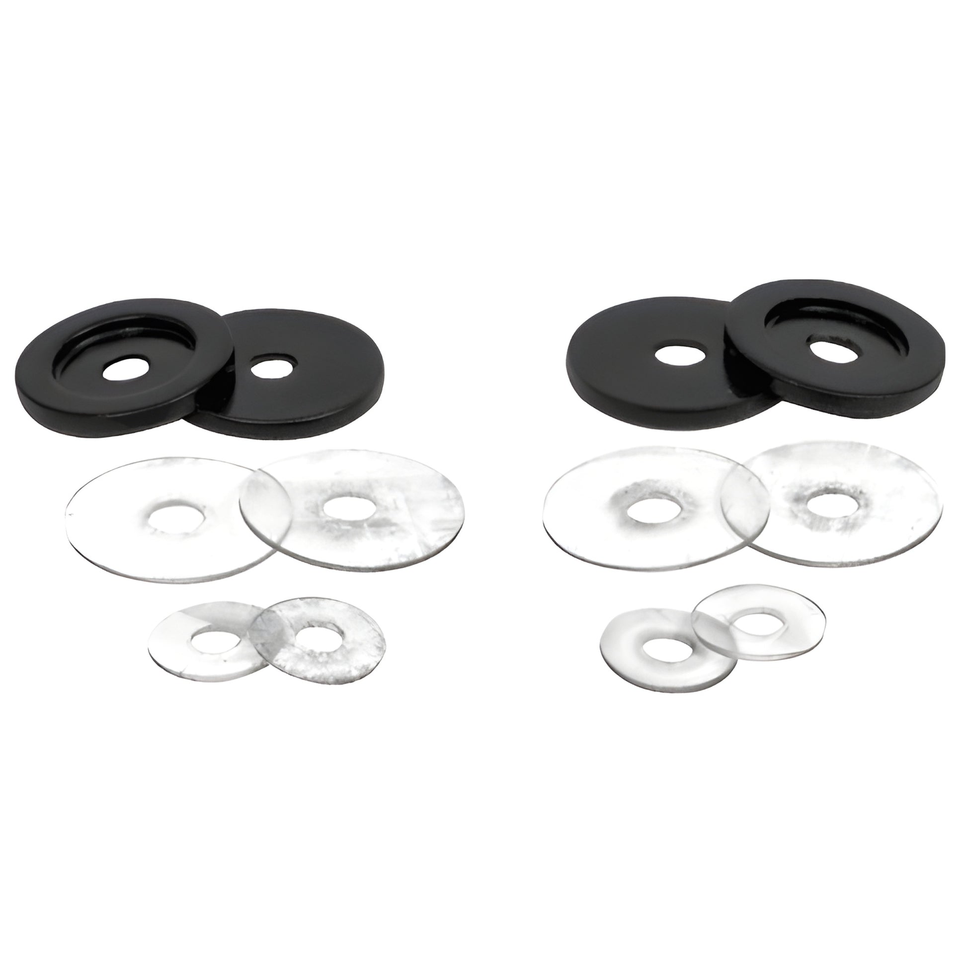 Matte black brass end caps with clear plastic washers for 3/4" pulls - kit: 4 metal, 8 plastic (SKU 30WKMBL)