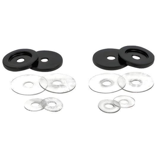 Matte black brass end caps with clear plastic washers for 3/4" pulls - kit: 4 metal, 8 plastic (SKU 30WKMBL)
