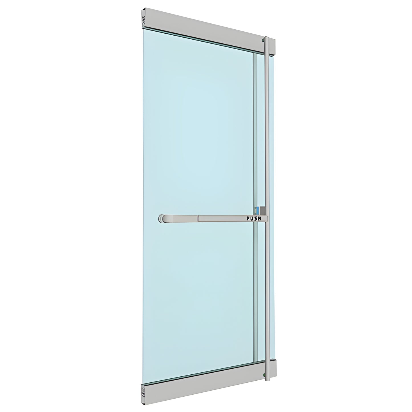 PA300F3RKBS Blumcraft PA-300 panic device on glass door, brushed stainless steel slim vertical rail and crash bar.