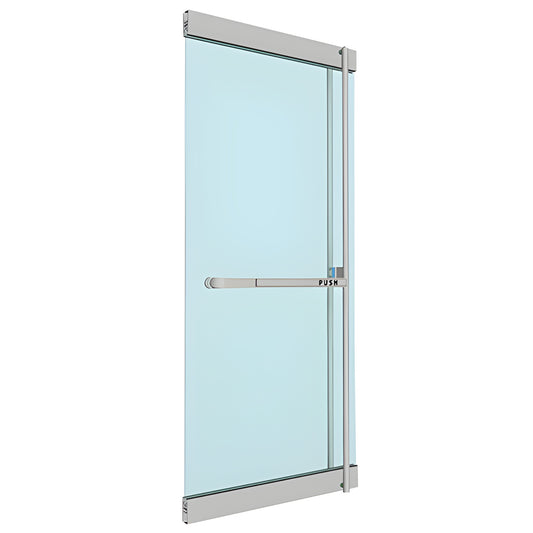PA300F4RKBS Blumcraft brushed stainless steel panic device, 2-piece ultra-narrow crash bar for glass doors