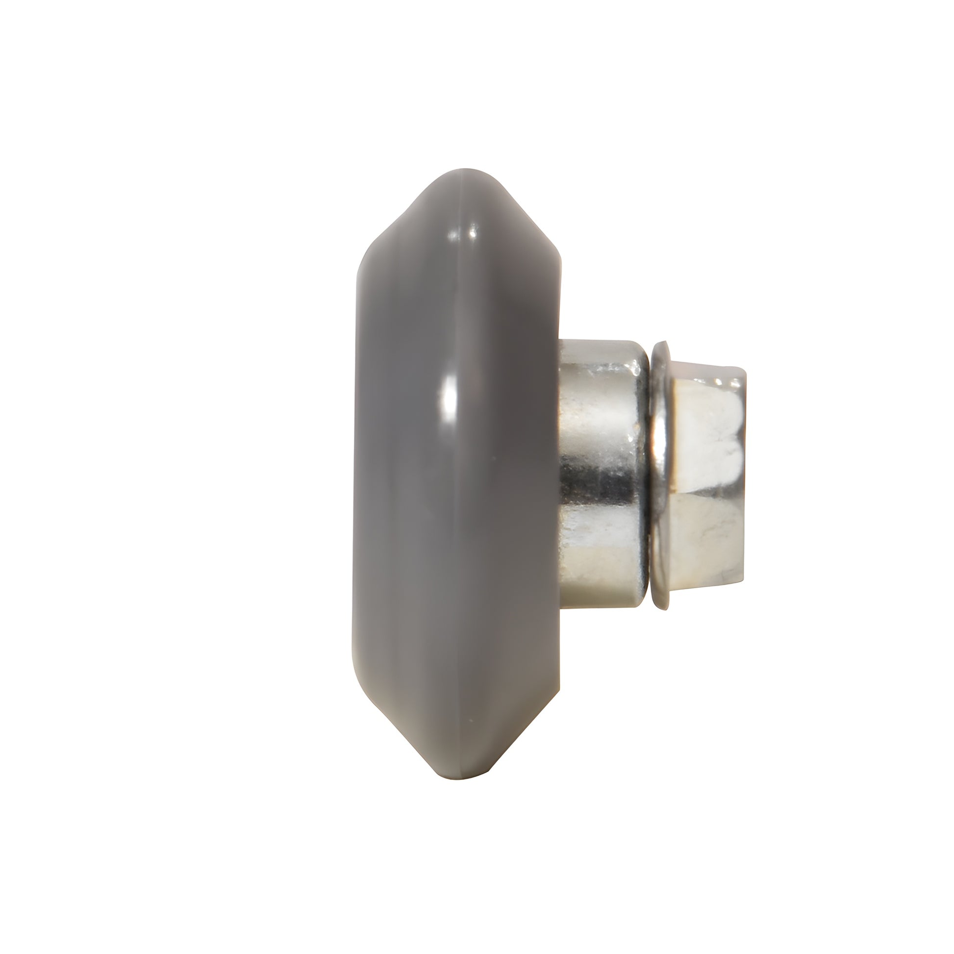 Gray 7/8in V-shaped nylon shower door roller with 10-32 threaded hex hub and steel bearing (SKU M6175)