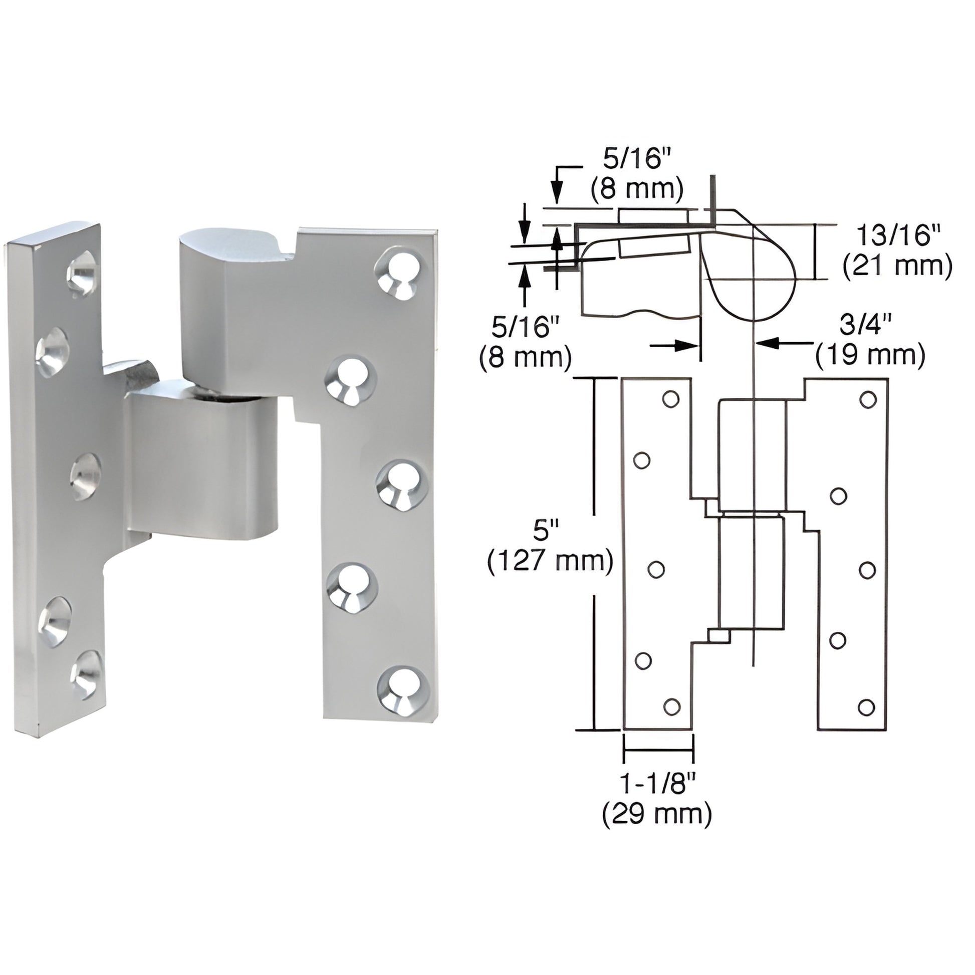 Rixson M19LHSC satin chrome 3/4 offset intermediate door pivot (left-hand) in aluminum with dimensional diagram.