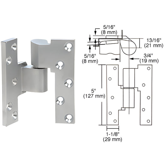 Rixson M19LHSC satin chrome 3/4 offset intermediate door pivot (left-hand) in aluminum with dimensional diagram.