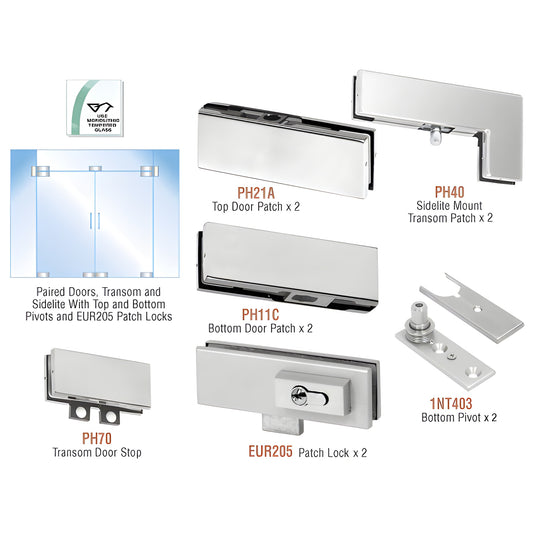 PHE8LBS brushed stainless double-door glass hardware kit with transom and sidelites, fits 3/8"-1/2" tempered glass