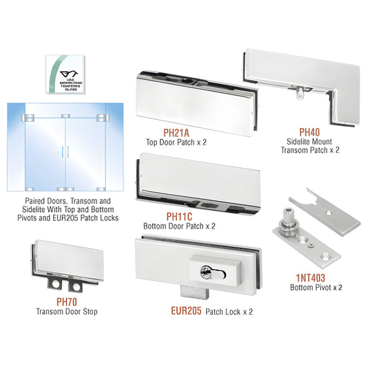 CRL PHE8LA frameless glass double-door hardware kit, satin anodized patches, pivots and optional EUR205 patch locks