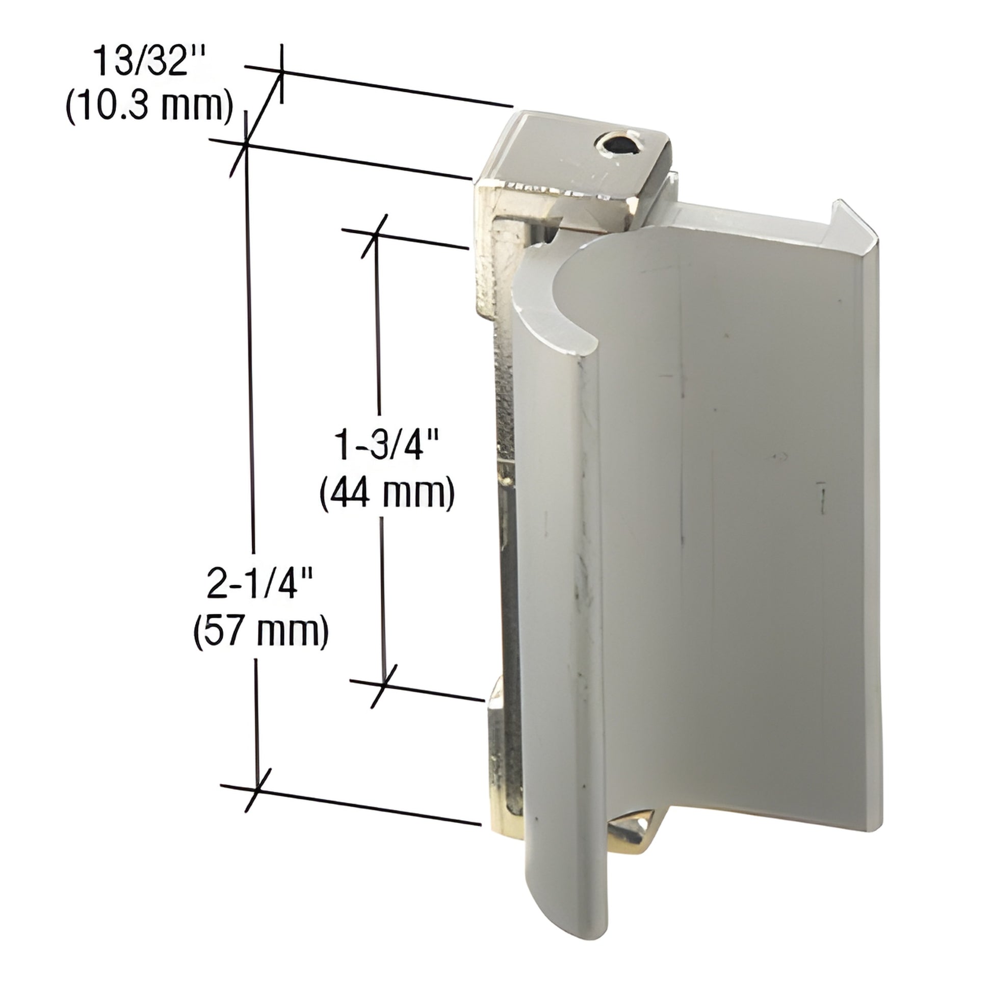 CRL sash latch & pull (SKU F2572), aluminum diecast for Keller windows, 2-1/4" length, 1-3/4" mounting hole spacing.