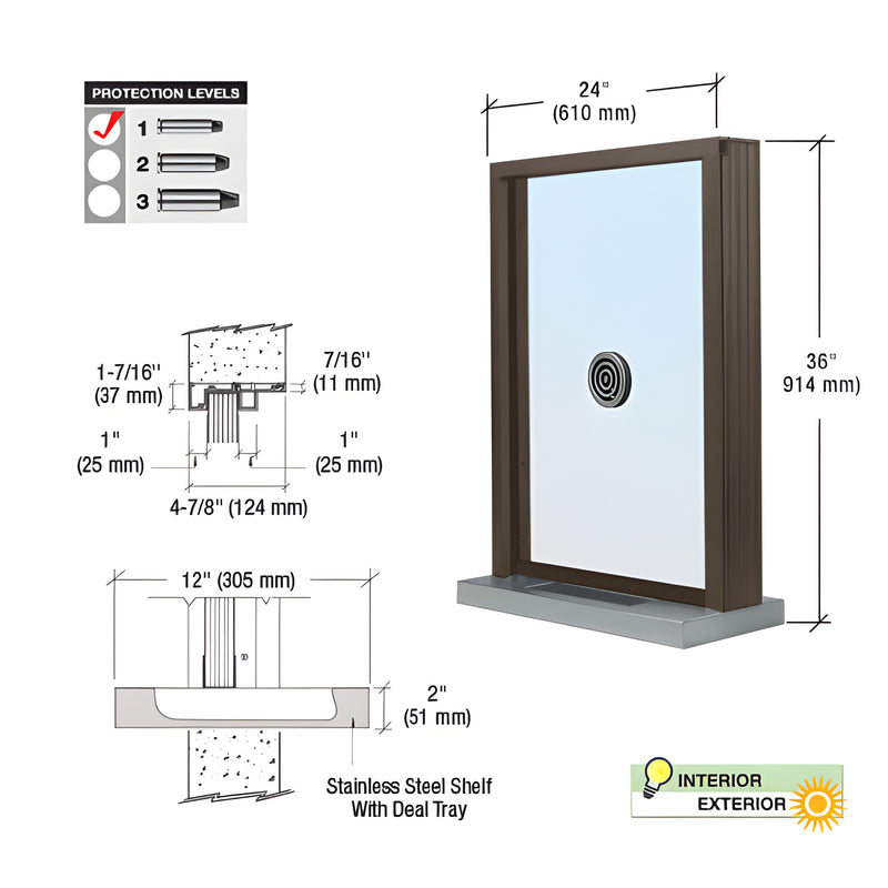 Bronze anodized aluminum 24x36 bullet-resistant inset exchange window with 12" stainless deal shelf.