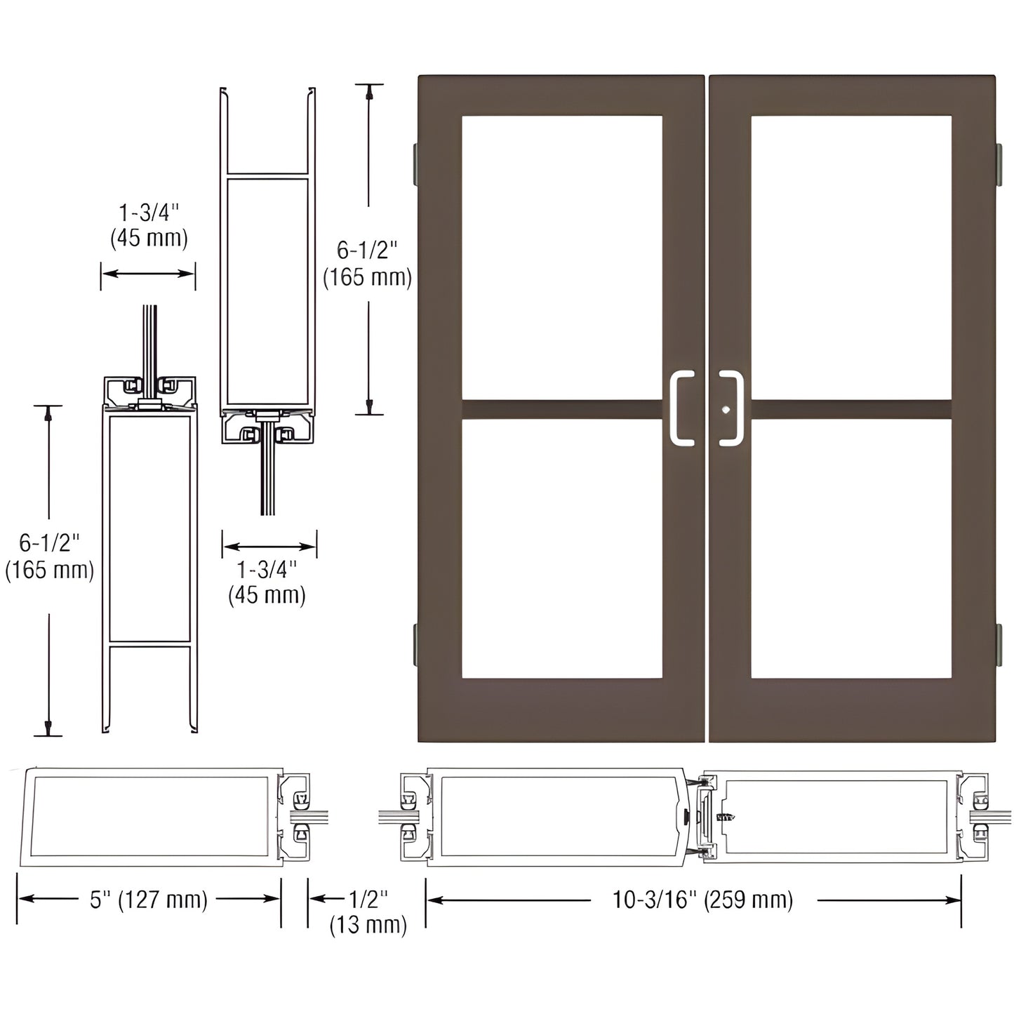 DZ52422 Black Bronze Anodized commercial wide-stile double entrance door with 5 in stiles, glass panels, ADA-ready