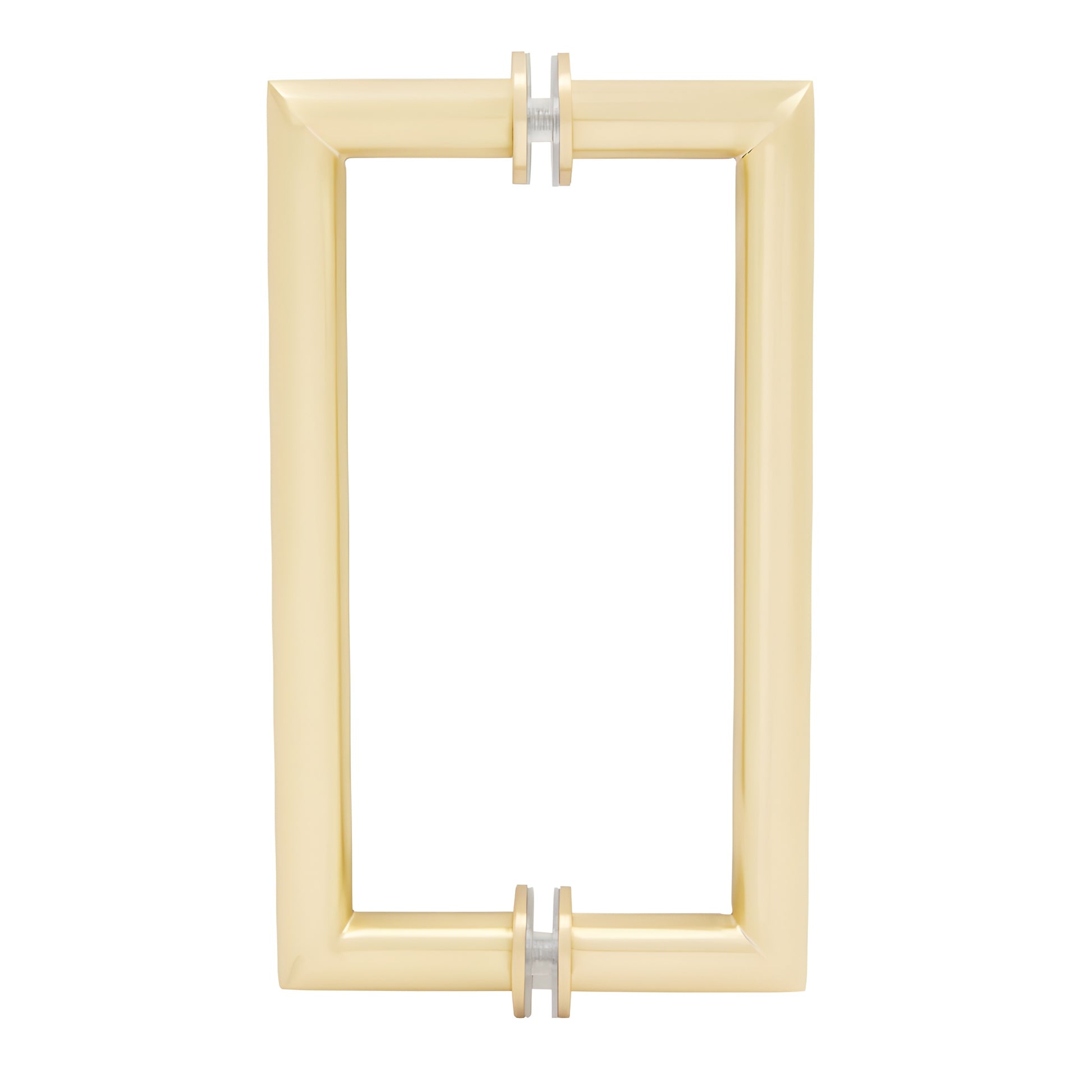 Satin brass squared mitered-corner back-to-back glass pull handle, 8in center, brass tubing (SKU MT8X8SB)