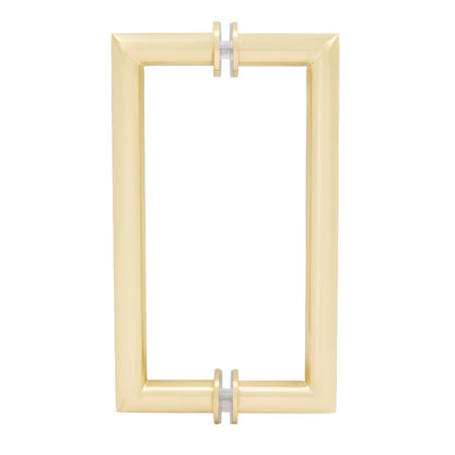 Satin brass squared mitered-corner back-to-back glass pull handle, 8in center, brass tubing (SKU MT8X8SB)