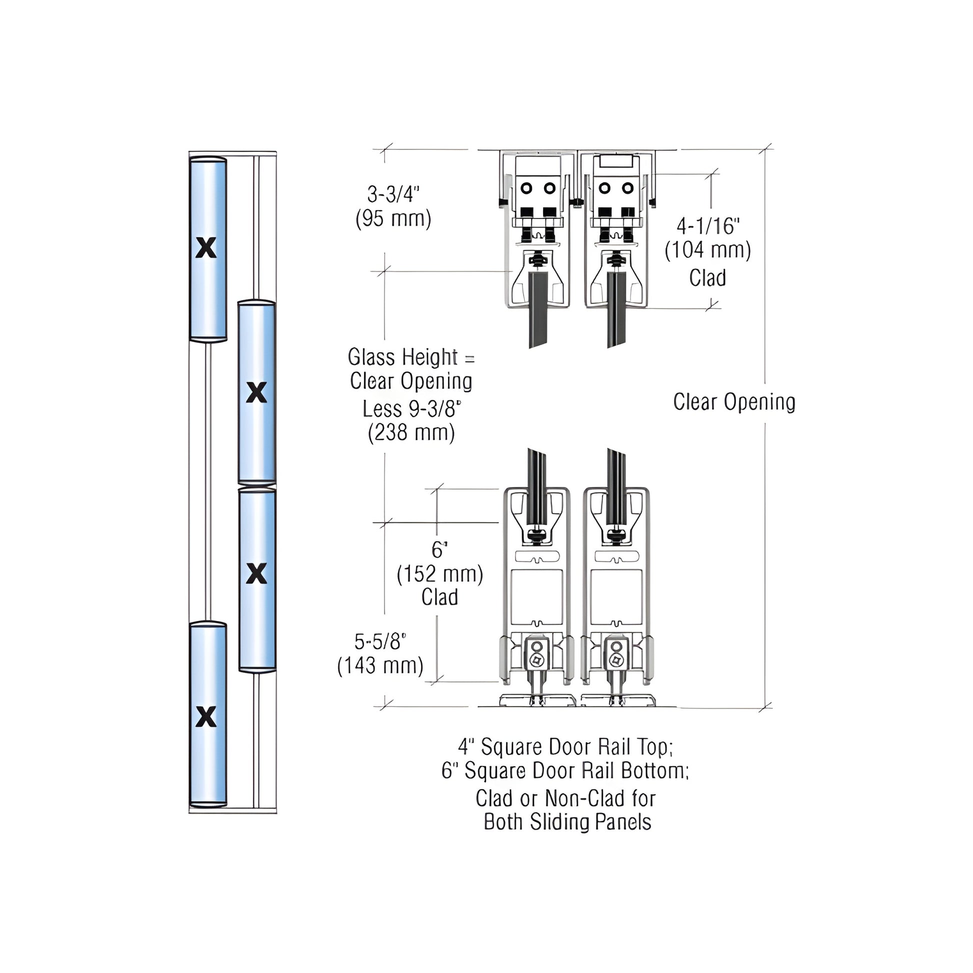 Technical drawing of CRL SDR bottom-rolling sliding door system (SKU 6SDR42FBS) showing 4" top and 6" bottom rails with dimen