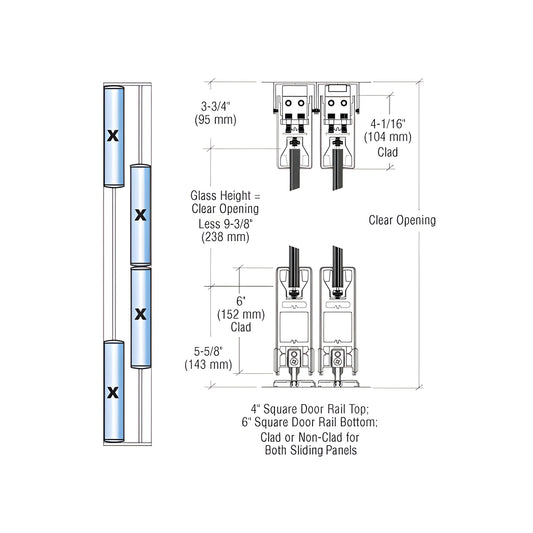 Technical drawing of CRL SDR bottom-rolling sliding door system (SKU 6SDR42FBS) showing 4" top and 6" bottom rails with dimen