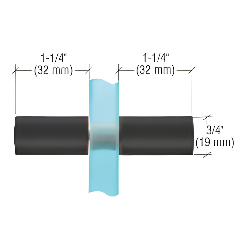 Matte black cylindrical brass shower knob, 3/4 dia, 1-1/4 projection; fits 1/4-1/2 (6-12 mm) glass, back-to-back mount