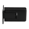 A side profile view of the matte black Atlas glass door hinge showing its beveled edge design.