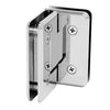 The back of the polished chrome glass hinge displaying the four clamping screws.
