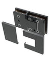 An angled view of the Bellagio glass-to-glass hinge with its matte black cover plates detached.