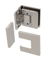 An exploded view of the Bellagio brushed nickel hinge showing the mounting bracket and separate cover plates.