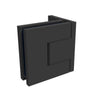 A matte black Bellagio wall mount hinge viewed from the opposite angle in a closed position.