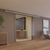 A bi-parting synchronized sliding glass door system installed in a modern interior room.