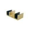 A detailed view of the satin brass floor guide component used for the Brixen series sliding shower door system.