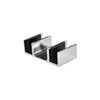 A studio shot of the polished stainless steel floor guide component for the Brixen sliding shower door system.