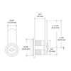 A technical line drawing displays the side and front profile dimensions of the cam lock.