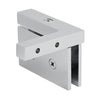 A side angle view of the polished chrome Cardiff series left-hand hinge showing the clamping mechanism.