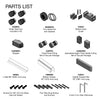 A technical parts list diagram showing the rollers, header bar, and mounting hardware included in the Cavoli sliding system kit.