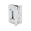 The back of the polished chrome Cologne Series hinge showing the H-plate mounting holes and screw hardware.