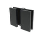 An angled view of the matte black Como Series glass-to-glass hinge for shower enclosures.