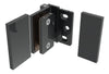 An exploded view of the matte black Como Series wall mount hinge showing its mounting components.