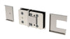 An exploded view of the Bellagio glass-to-glass hinge displaying the internal brass mechanism and separate polished chrome cover plates.