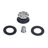 The glass support hardware is shown disassembled with its mounting screw and two rubber gaskets.