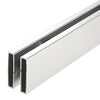 A detailed view of the polished stainless steel header track used in the Cambridge Series shower door system.