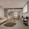 A modern living room featuring a matte black telescoping glass door system installed as a room divider.
