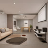 A modern interior room featuring a two-panel telescoping glass partition installed with a ceiling mount kit.