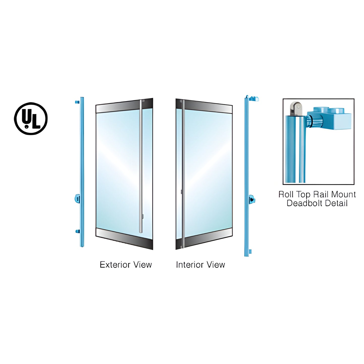 DBR130FS4R1PT: stainless 1-1/4" rail-mount deadbolt handle for 1/2" tempered glass doors, left-hand reverse, top roller latch