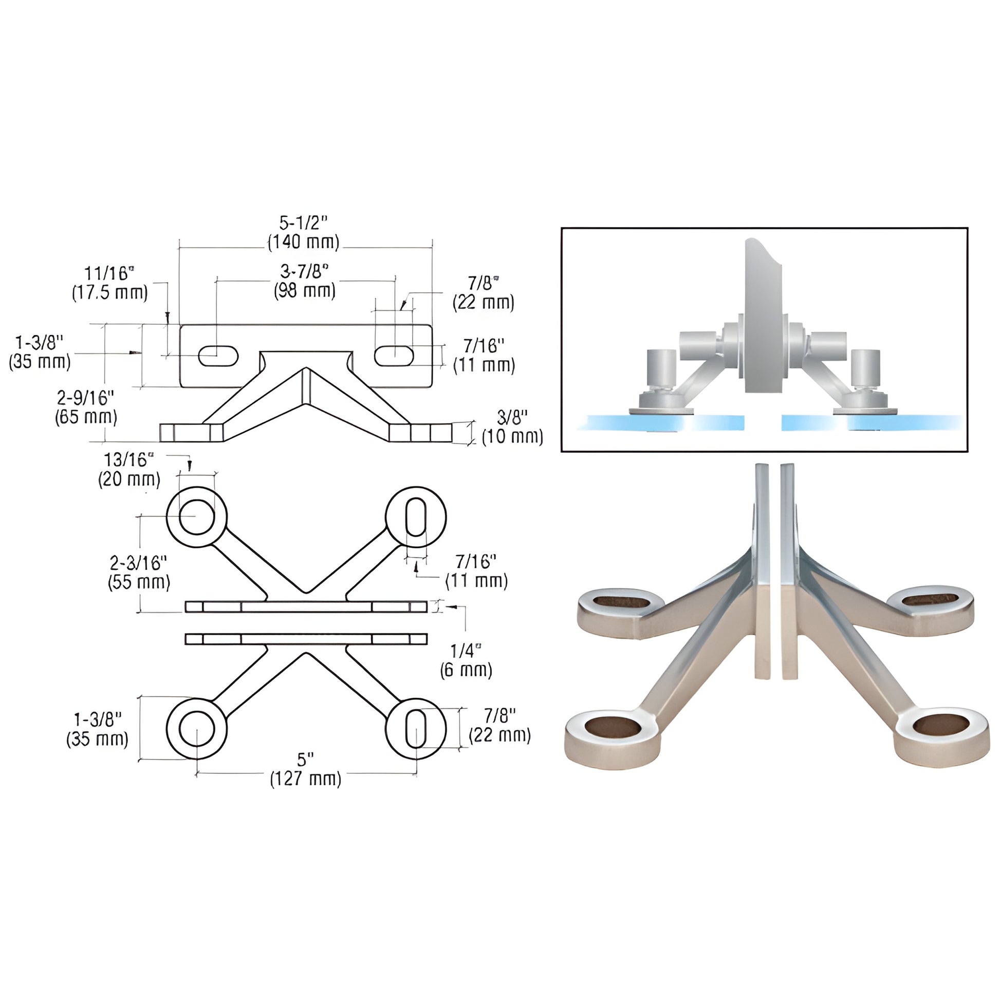 GRF4BS stainless steel V-shaped wall/fin mount fitting for two inline tempered glass panels, hardware included.