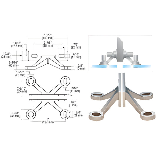 GRF4BS stainless steel V-shaped wall/fin mount fitting for two inline tempered glass panels, hardware included.
