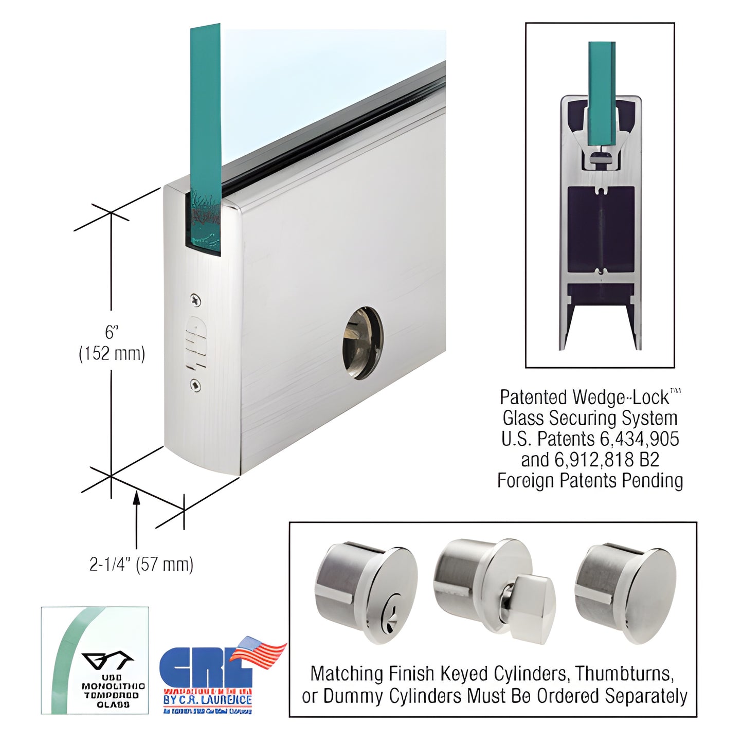 Brushed stainless steel Wedge Lock door rail for 5/8 in (16 mm) tempered glass, 6 in high, includes lock