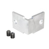 Aluminum L-shaped corner bracket with two threaded set screws, shiny machined finish