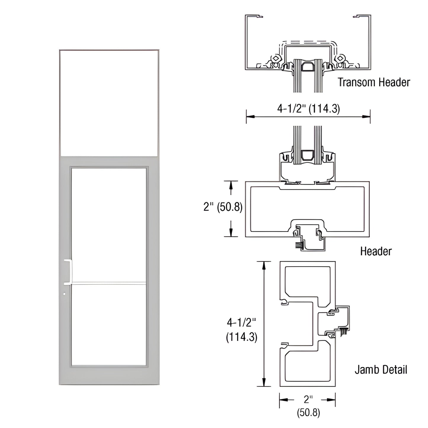 FD61811 clear anodized aluminum storefront frame with transom, 36" 84" door opening (40" 126" frame), threshold & hardware pr