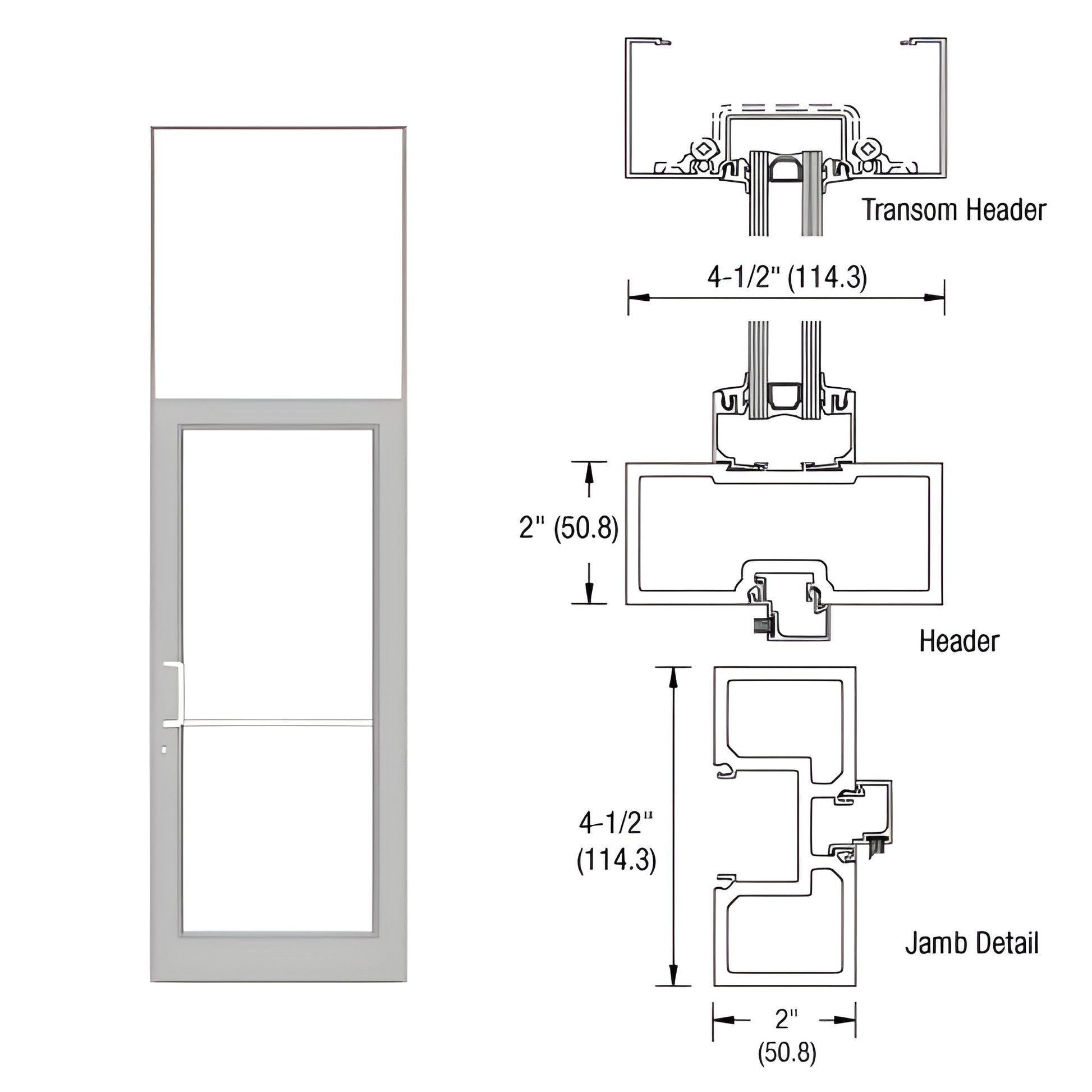 FD61811 clear anodized aluminum storefront frame with transom, 36" 84" door opening (40" 126" frame), threshold & hardware pr