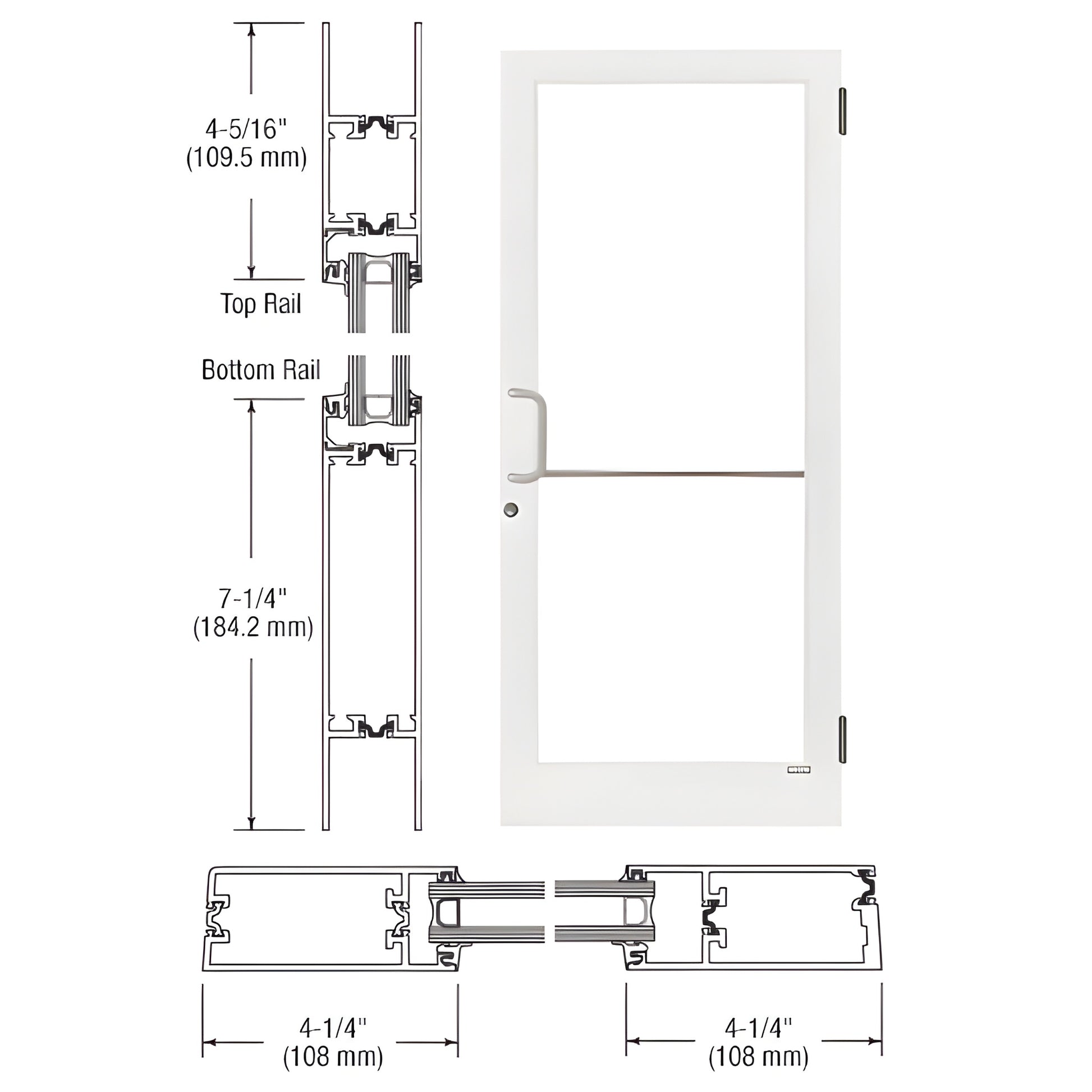 CRL medium stile white Kynar entrance door (SKU 1D41552) with 4-1/4" stiles, 7-1/4" bottom rail; fits 1" insulated glass.
