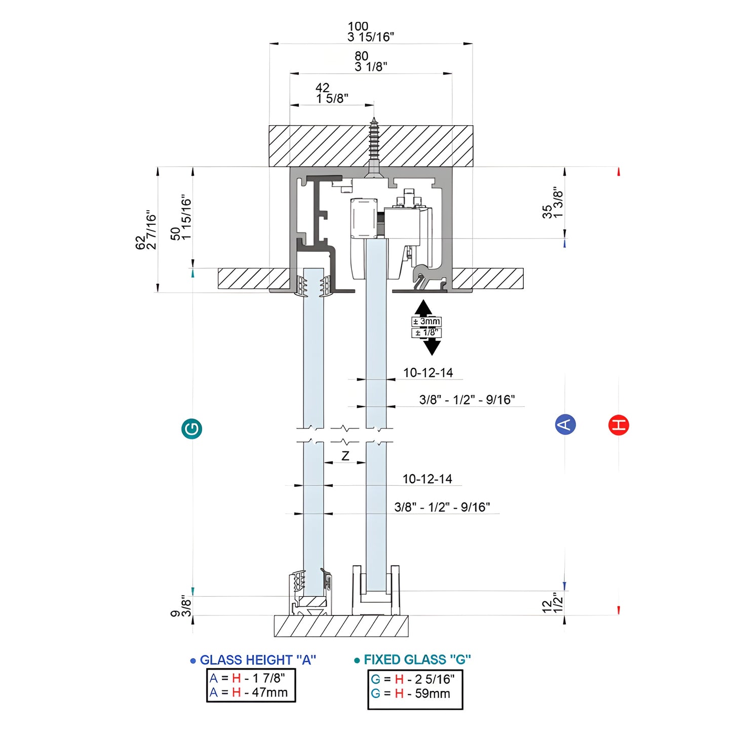 Brushed stainless anodized overhead track and hardware for 3/8-1/2" tempered sliding glass door (CRL6951DBSA)