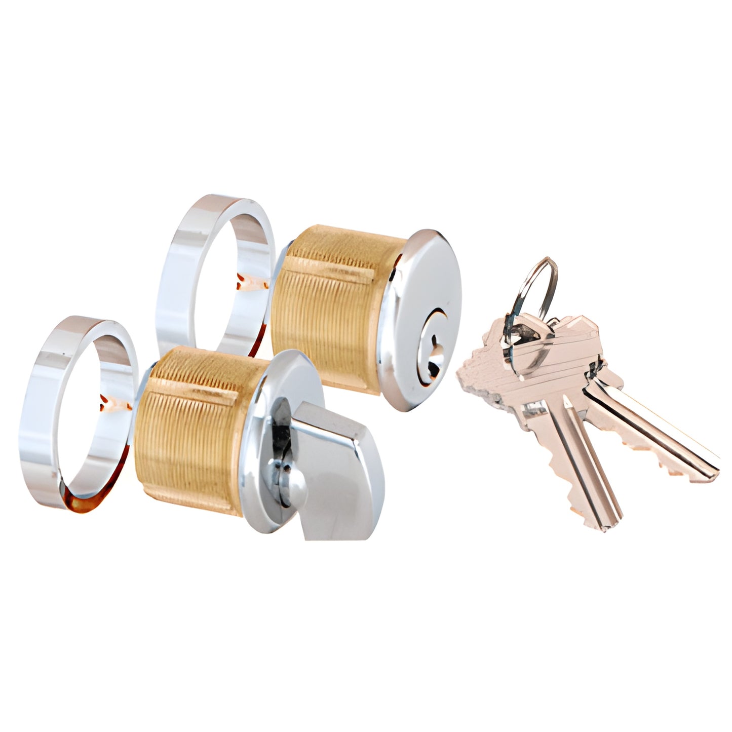 AMR205CTPS polished stainless steel patch lock cylinders with keeper rings and keys for frameless glass doors
