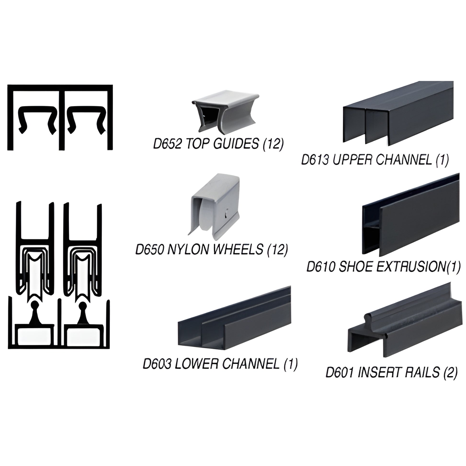 D2307BL flat black aluminum 12' sliding door track assembly with D650 nylon wheels and channel components.