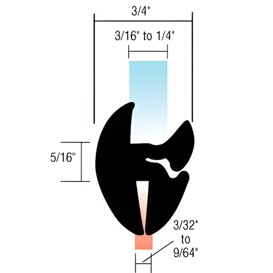 Cross-section of black EPDM two-piece self-sealing weatherstrip (AS1179) for 3/16-1/4" glass, 3/4" wide.