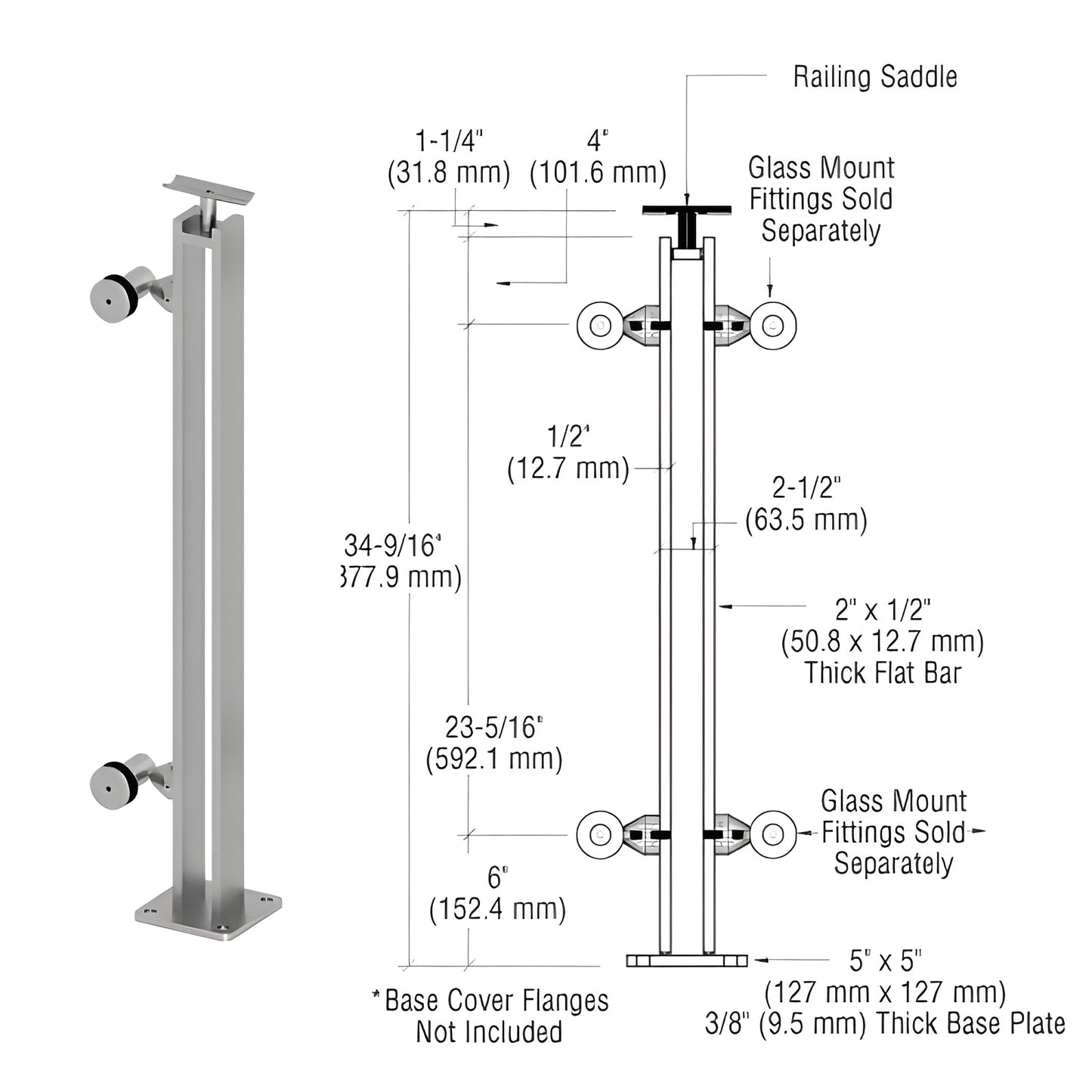 Stainless steel surface-mounted post railing kit P8F36EBS with 5x5 in base plate, welded saddle, supports 1-1/4 to 1-1/2 in h