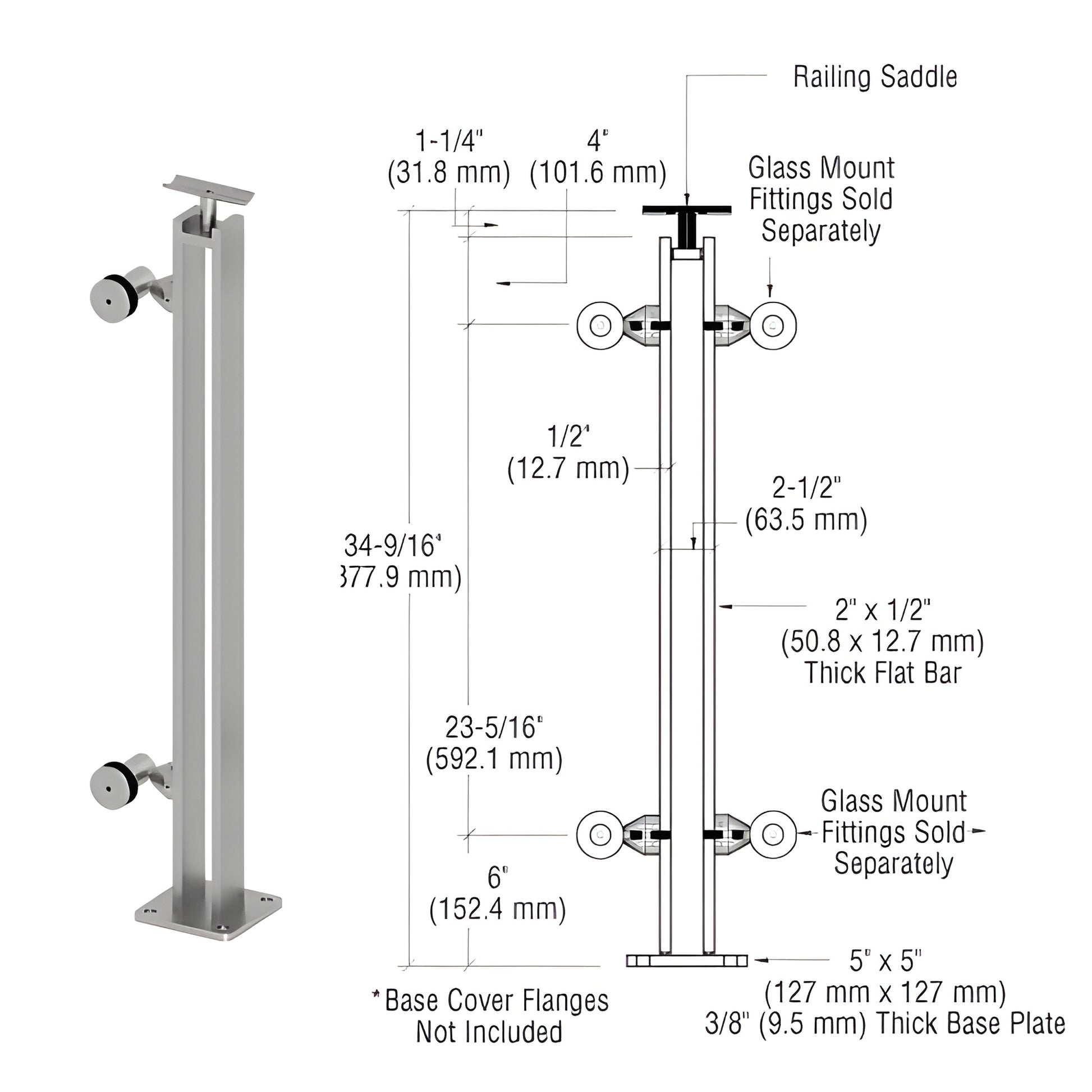 Stainless steel surface-mounted post railing kit P8F36EBS with 5x5 in base plate, welded saddle, supports 1-1/4 to 1-1/2 in h
